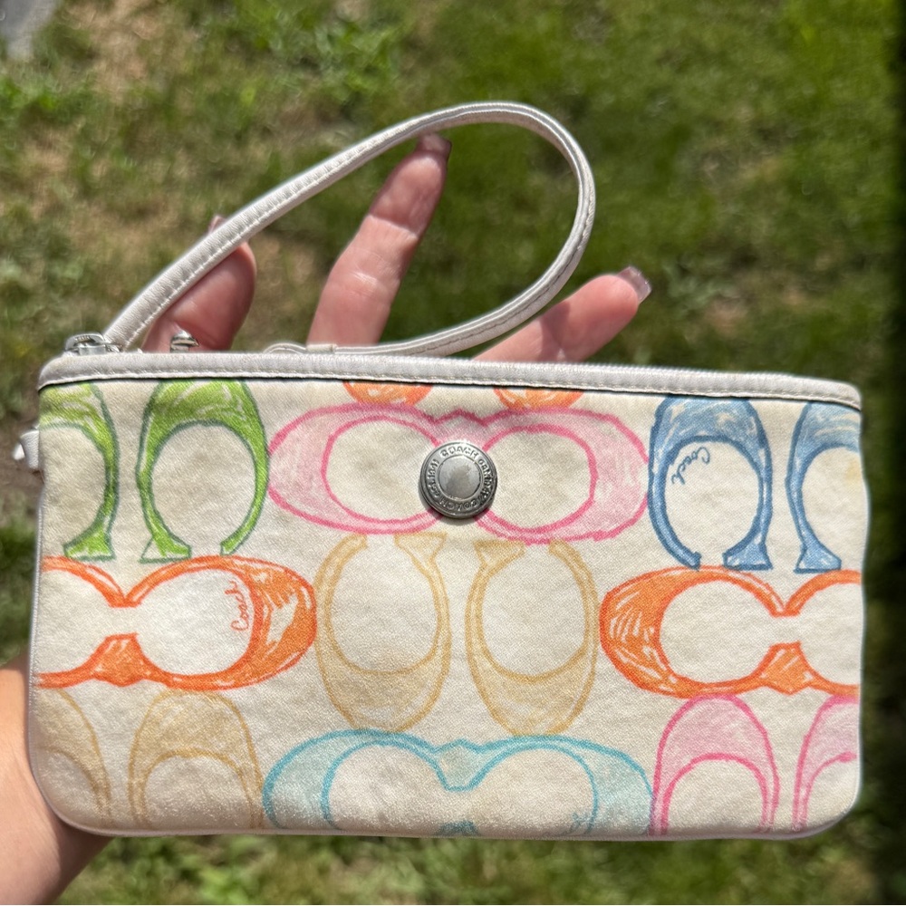 COACH Hampton Scribble Wristlet White and Multicolor Pastel 'C' Logo 8"